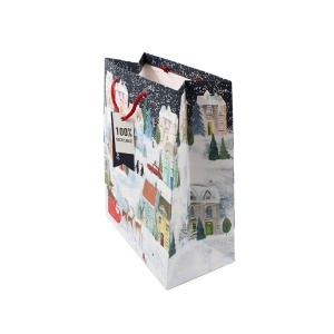 Pungă cadou Crăciun Eurowrap, model iarnă cu Moș Crăciun, 26,5 x 33 cm, cu burduf 14 cm și tag, reciclabilă