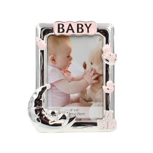Ramă Foto BABY AZAY Roz cu Elemente Decorative, 10x15 cm, Ramă Foto Fetițe, Cadou Botez / Nou-Născut, Cutie Cadou Inclusă