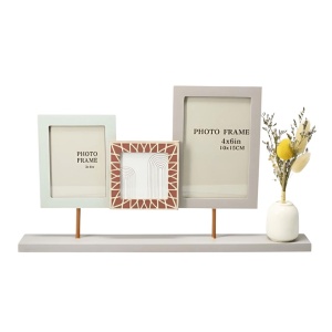 Ramă foto decorativă, cu vază, colaj pentru 3 poze, culoare roz