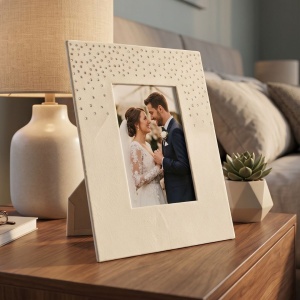 Ramă Foto Elegantă 18x23 cm – Catifea, Alb Ivory cu Cristale