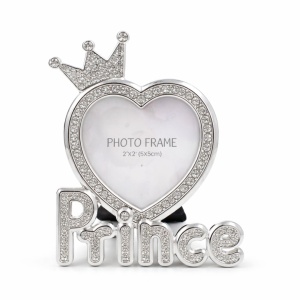Ramă Foto Prince AZAY cu Coroană și Cristale, 5x5 cm, Ramă Foto Bebeluși, Cadou Botez / Nou-Născut, Cutie Cadou Inclusă