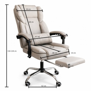 Scaun birou ergonomic skyline, reclinabil 90–155°, suport picioare extensibil, piele ecologică crem, suport lombar, bază metalică, 150 kg, KO51K