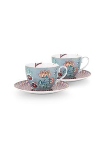 Set 2 căni cu farfurioare, din porțelan, Pip Studio, 280ml, colecția Flower Festival, Light Blue