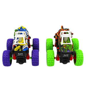 Set 2 Mașinuțe Monster Truck, Crazy Fiction, Design Dino, Multicolor, Roti Oversized, Mecanism Pull-Back, 9x9 cm