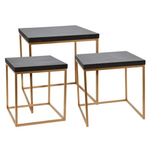 Set 3 măsuțe de cafea suprapozabile, lemn masiv de mango și cadru metalic auriu, negru/auriu, 40x40x42,5 cm, 35x35x35,5 cm, 30x30x34 cm