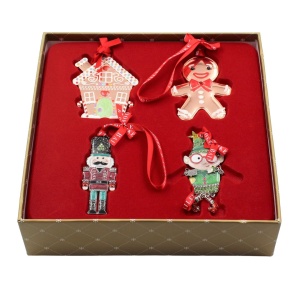 Set cadou Bailey & Brooke, 4 decorațiuni metalice de Crăciun, Ornamente premium cu turtă dulce, spiriduș, soldățel și căsuță