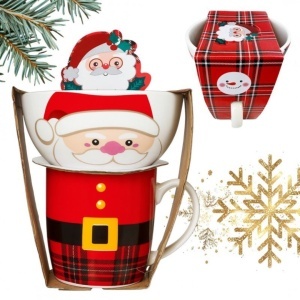 Set cadou de Crăciun, cană ceramică, 350 ml și bol 400 ml, model Moș Crăciun, design festiv roșu cu carouri, KB37WZ4