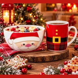 Set cadou de Crăciun, cană ceramică, 350 ml și bol 400 ml, model Moș Crăciun, design festiv roșu cu carouri, KB37WZ4