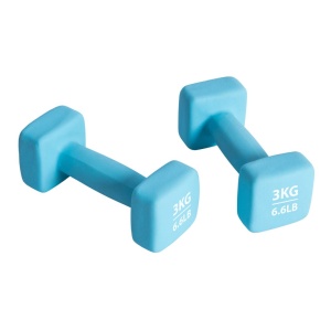 Set gantere neopren 2x3 kg Pure 2 Improve – capete pătrate, albastru și ambalaj premium