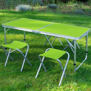 Set mobilier de camping pliabil, Jumi, verde, masă cu picioare reglabile și 4 tabureți