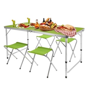 Set mobilier de camping pliabil, Jumi, verde, masă cu picioare reglabile și 4 tabureți