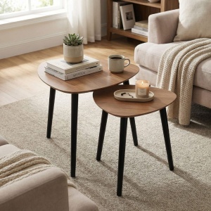 Set of 2 coffee/side tables – natural wood + black legs, 40 x 41 cm & 45 x 44.5 cm