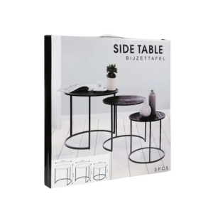 Set 3 măsuțe de cafea,rotunde, negre, 55/45/35 cm, design modern industrial, blat MDF și structură metalică