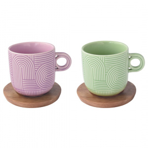 Set porțelan 2 căni 250ml și farfurii acacia roz/verzuliu - Img 1