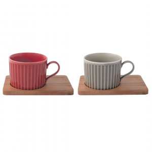 Set porțelan 2 căni 250ml și farfurii lemn acacia roșu/gri - Img 1