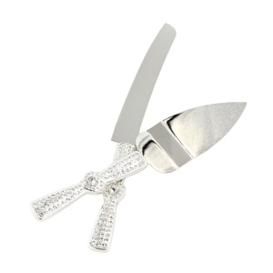 Set tort nuntă AZAY cu cristale – cuțit 32 cm și spatulă 26 cm, set servire tort elegant, accesorii nuntă, cadou premium femei
