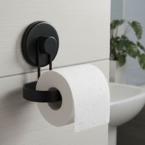 Suport hârtie igienică, Bathroom Solutions, prindere cu ventuză, negru mat, 14x8x11 cm