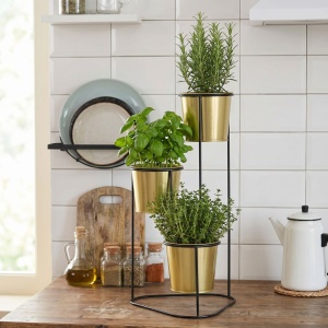 Suport pentru flori, din metal, auriu, 3 ghivece, 24x22x47 cm