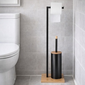 Suport pentru hârtie igienică, Jumi, cu perie WC, metal și bambus, culoare negru