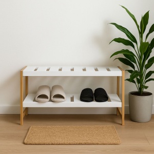 Suport pentru încălțăminte – Excellent Houseware | 2 rafturi, bambus & MDF, 70x26x36 cm, alb/maro