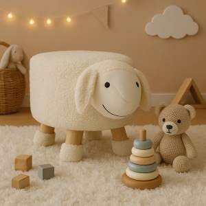 Taburet decorativ pentru camera copilului, în formă de miel, cu picioare din lemn și blăniță moale, culoarea alb, 36x28x27 cm, Arti Casa