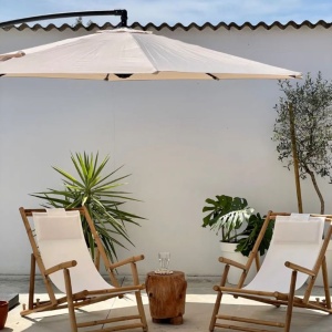Umbrelă de grădină, Jumi, material textil bej, 250x300 cm, cu bază metalică