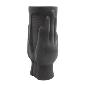 Vază decorativă, din ceramică, gri antracit – design artistic cu față stilizată și finisaj mat, 23x11x10 cm