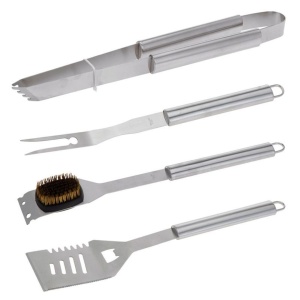 Set ustensile pentru grătar BBQ, 4 piese din inox, cu valiză din aluminiu, 43 cm