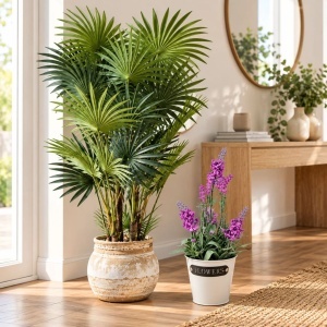 Artificial palm tree bundle (120 cm, pot included) + Artificial lavender (28×9 cm, lilac)