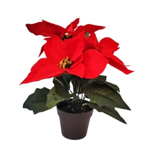 Plantă artificială Crăciuniță 28 cm, cu petale roșii textile cu textura catifelată și frunze verzi, în ghiveci negru