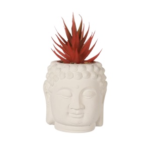 Plantă artificială Suculentă în ghiveci de ciment 12.5 cm, formă de statuetă cap Buddha, alb cu roșu
