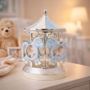 AZAY Blue Musical Photo Carousel with Horses – Rotating Photo Frame, Decorative Music Box for Children, Premium Gift