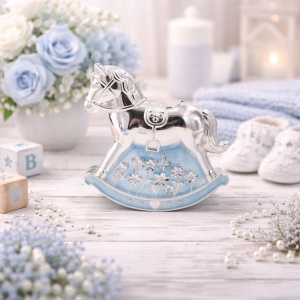 AZAY Decorative Rocking Horse Money Box, 11x11 cm, Elegant Silver Design with Blue Details – Premium Gift for Children & Christenings
