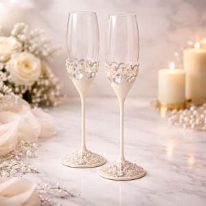 Set pahare șampanie AZAY ivory cu perle și cristale, 25.5 cm, pahare flute elegante, cadou premium cu cutie și tissue paper