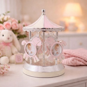 AZAY Pink Musical Photo Carousel with Horses – Rotating Photo Frame – Premium Gift in an Elegant Box with Tissue Paper