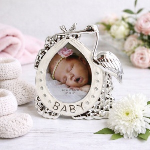 AZAY Silver Stork Baby Photo Frame with Crystals, 8x10 cm, Newborn Photo Frame, Christening Gift for Boy or Girl, Gift Box