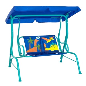Balansoar de grădină pentru copii cu acoperiș, model Dinozauri, 2 locuri, cadru metalic, albastru, 115x74x110 cm