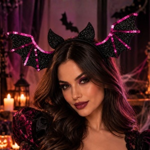 Bentiță de Halloween cu model liliac cu paiete, negru și mov, accesoriu pentru costum