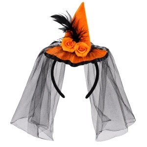 Bentiță Halloween, pălărie de vrăjitoare portocalie, cu vârf ascuțit, trandafiri decorativi, pene negre și voal lung din tul negru, accesoriu costum vrăjitoare gothic horror