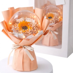 Buchet cu flori parfumate din săpun, cu lumini LED în sferă, cadou în cutie elegantă, 3 moduri Iluminare, 30 cm, BUK14ZO