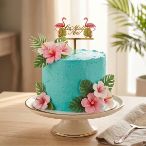 Cake Topper pentru tort cu mesaj La Mulți Ani și 2 Flamingo