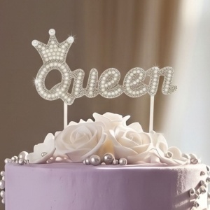 Cake Topper pentru tort cu text Queen, cu perle argintii
