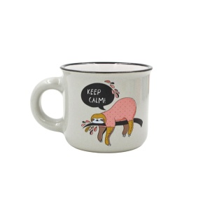 Cană cafea espresso Nekupto 80 ml, ceramică, gri, imprimeu leneș KEEP CALM