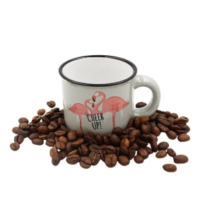 Cană cafea espresso Nekupto 80 ml, ceramică, gri, mesajul „CHEER UP!”