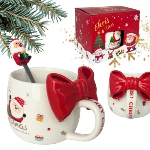 Cană ceramică, de Crăciun, cu fundă roșie și linguriță, 400ml, KB25CZE, eCarla