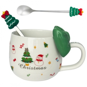 Cană ceramică, de Crăciun, cu fundă verde și linguriță, 400ml, KB25ZIE, eCarla