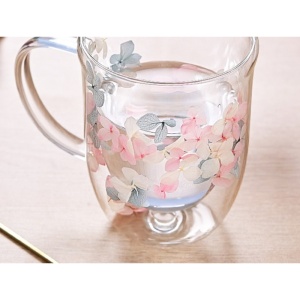 Cană cu flori uscate, pereți dubli, sticlă borosilicată, izolare termică, hortensie, 300 ml