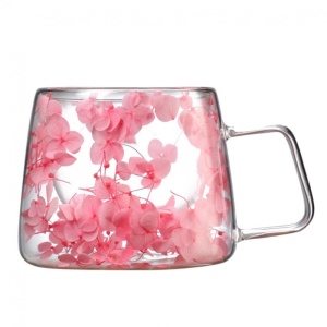 Cană cu flori uscate roz, pereți dubli, sticlă borosilicată, izolare termică, hortensie, 180 ml