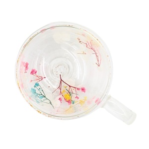 Cană cu inserție de flori uscate, hortensie alba și floarea miresei multicolor, pereți dubli, sticlă borosilicată, 250 ml, Aurora Bloom