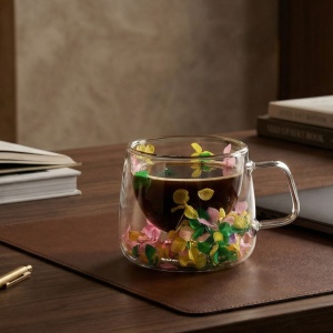 Cană cu inserție de flori uscate, hortensie galben, verde și roz, pereți dubli, sticlă borosilicată, 200 ml, Aurora Bloom